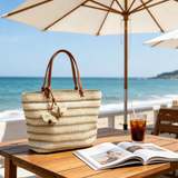 Retro-style striped straw tote bag, suitable for both commuting and vacation, fresh and retro, large capacity shoulder bag, natural straw woven bag.