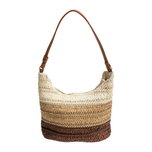 Retro three-color gradient woven tote bag, a versatile straw shoulder bag perfect for summer commuting and vacations.