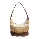 Retro three-color gradient woven tote bag, a versatile straw shoulder bag perfect for summer commuting and vacations.