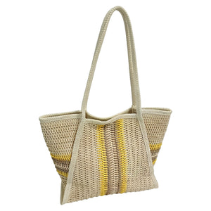 Summer striped color-blocked traditional straw tote bag, resort-style striped openwork woven tote bag, large capacity commuter beach straw bag.