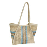 Summer striped color-blocked traditional straw tote bag, resort-style striped openwork woven tote bag, large capacity commuter beach straw bag.