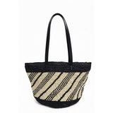 Retro-style twill color-blocked woven tote bag, large capacity straw bag for commuting, vacation, and beach.