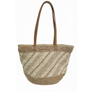 Retro-style twill color-blocked woven tote bag, large capacity straw bag for commuting, vacation, and beach.