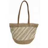 Retro-style twill color-blocked woven tote bag, large capacity straw bag for commuting, vacation, and beach.
