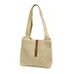 Simple and practical leather buckle woven shoulder bag; versatile straw tote bag for summer vacations.