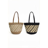 Retro-style twill color-blocked woven tote bag, large capacity straw bag for commuting, vacation, and beach.