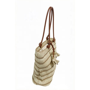 Retro-style striped straw tote bag, suitable for both commuting and vacation, fresh and retro, large capacity shoulder bag, natural straw woven bag.