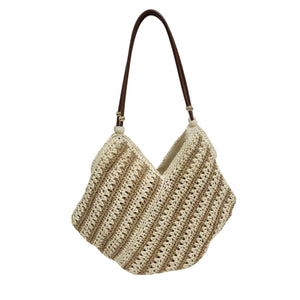 Beaded striped straw tote bag, French resort style, unique beaded strap design, large capacity V-shaped open shoulder bag.