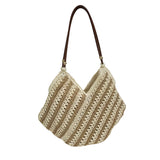Beaded striped straw tote bag, French resort style, unique beaded strap design, large capacity V-shaped open shoulder bag.