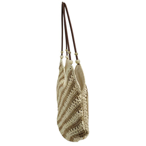 Beaded striped straw tote bag, French resort style, unique beaded strap design, large capacity V-shaped open shoulder bag.