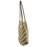 Beaded striped straw tote bag, French resort style, unique beaded strap design, large capacity V-shaped open shoulder bag.