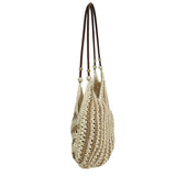 Beaded striped straw tote bag, French resort style, unique beaded strap design, large capacity V-shaped open shoulder bag.