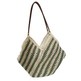 Beaded striped straw tote bag, French resort style, unique beaded strap design, large capacity V-shaped open shoulder bag.