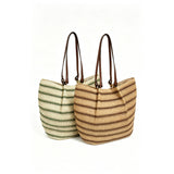 Striped woven tote bag, large capacity, perfect for summer commuting, vacation, and beach use.