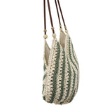 Beaded striped straw tote bag, French resort style, unique beaded strap design, large capacity V-shaped open shoulder bag.