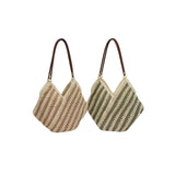 Beaded striped straw tote bag, French resort style, unique beaded strap design, large capacity V-shaped open shoulder bag.