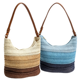 Retro three-color gradient woven tote bag, a versatile straw shoulder bag perfect for summer commuting and vacations.