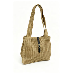 Simple and practical leather buckle woven shoulder bag; versatile straw tote bag for summer vacations.