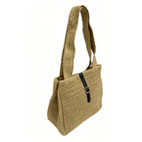 Simple and practical leather buckle woven shoulder bag; versatile straw tote bag for summer vacations.