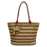 Retro-style striped straw tote bag, suitable for both commuting and vacation, fresh and retro, large capacity shoulder bag, natural straw woven bag.