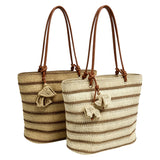 Retro-style striped straw tote bag, suitable for both commuting and vacation, fresh and retro, large capacity shoulder bag, natural straw woven bag.