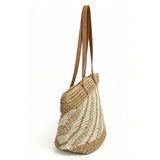 Retro-style twill color-blocked woven tote bag, large capacity straw bag for commuting, vacation, and beach.