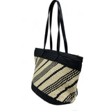 Retro-style twill color-blocked woven tote bag, large capacity straw bag for commuting, vacation, and beach.