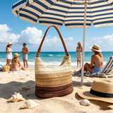Retro three-color gradient woven tote bag, a versatile straw shoulder bag perfect for summer commuting and vacations.