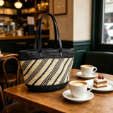 Retro-style twill color-blocked woven tote bag, large capacity straw bag for commuting, vacation, and beach.