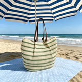 Striped woven tote bag, large capacity, perfect for summer commuting, vacation, and beach use.