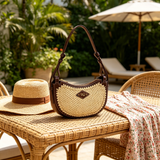 Retro half-moon shaped woven shoulder bag, a versatile straw underarm bag perfect for summer commuting and vacations.